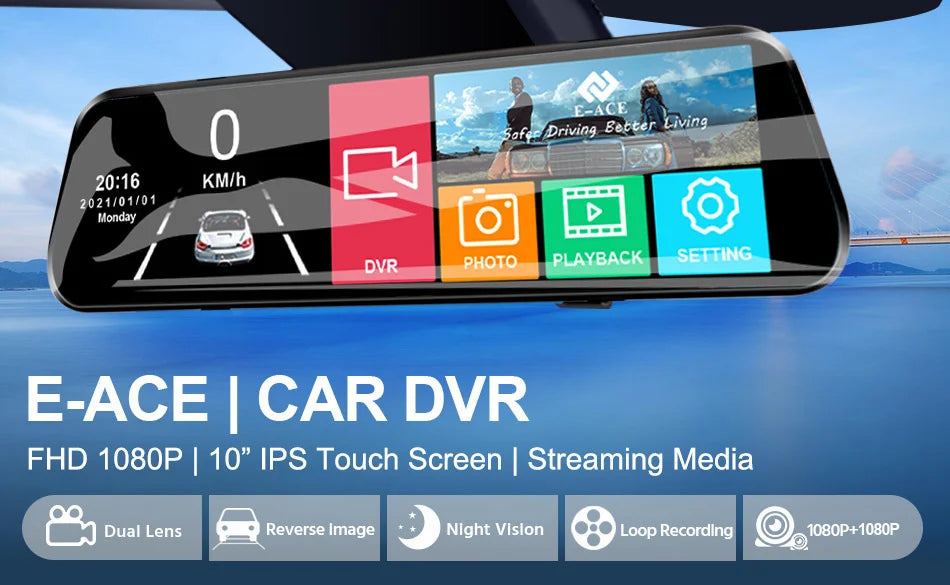 E-ACE 10 Inch Car DVR Mirror Video Recorder 1080P Touch Screen Dashcam For Car Dual Lens Streaming Driving Recorder Dash Camera