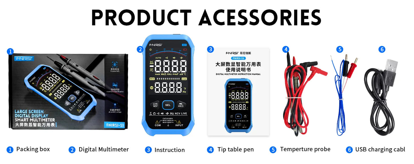 FNIRSI-S1 Digital Multimeter 9999counts AC DC Voltage Resistance Capacitance Diode NCV Hertz Live Wire Tester With Thermocouple