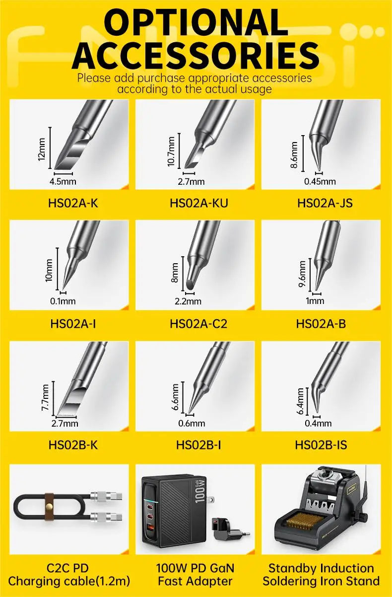 FNIRSI HS-02 series soldering iron tip accessories, power supply cc cable soldering iron stand complete set of accessories