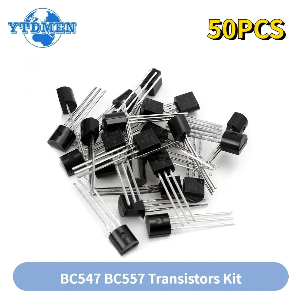 50pcs Transistors BC547 BC557 Each 25pcs BC547B BC557B NPN PNP Triode Transistor DIY Electronic Kit