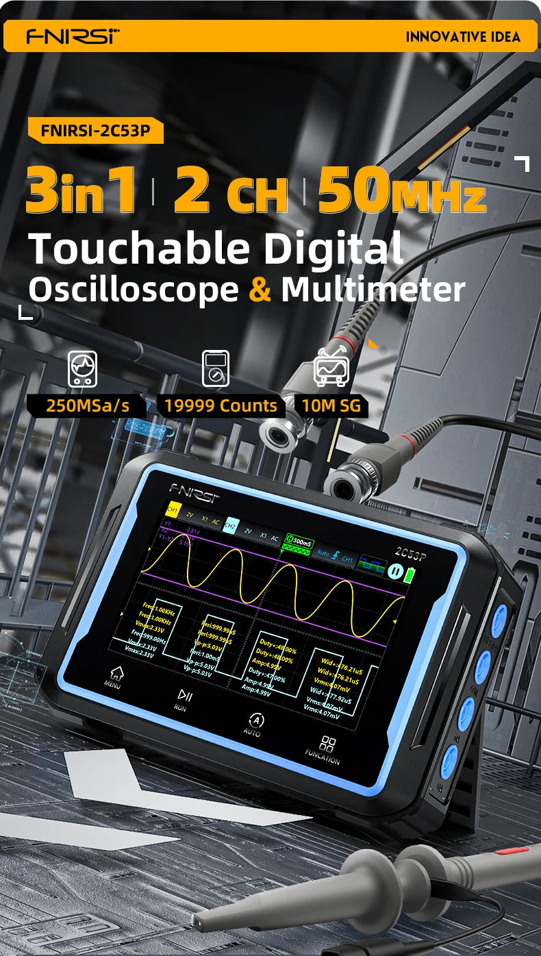 FNIRSI 2C53P Touch Screen Portable Digital Oscilloscope Multimeter Signal Generator 3in1 2 Channel 50MHz 250Ms/S 19999 Counts