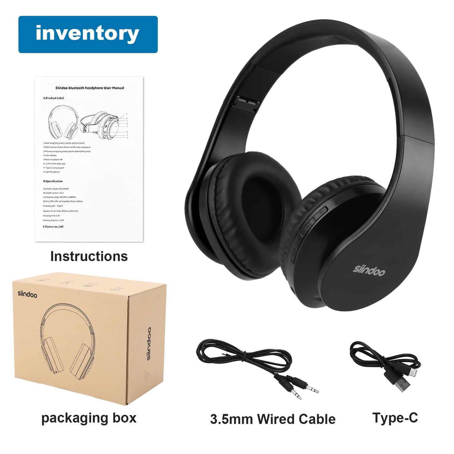 Siindoo JH-812 Wireless Headphone Foldable Stereo BT5.1 Earphones Music Headset FM and Support SD Card with Mic for Mobile PC TV