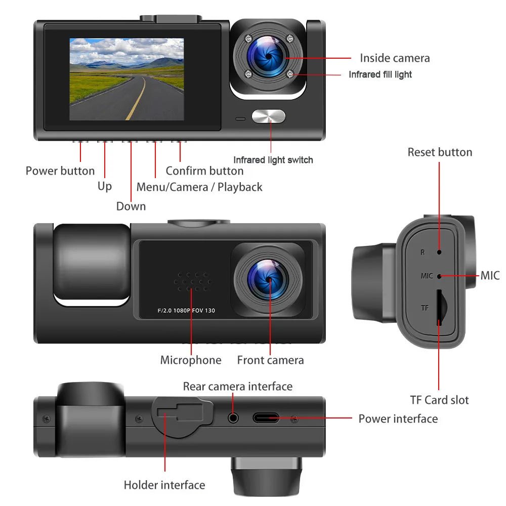 Dashboard Camera, 1080P 3 Camera Car Camera with IR Night Vision Loop Recording and IPS Screen for Sedans, SUV, Etc. -