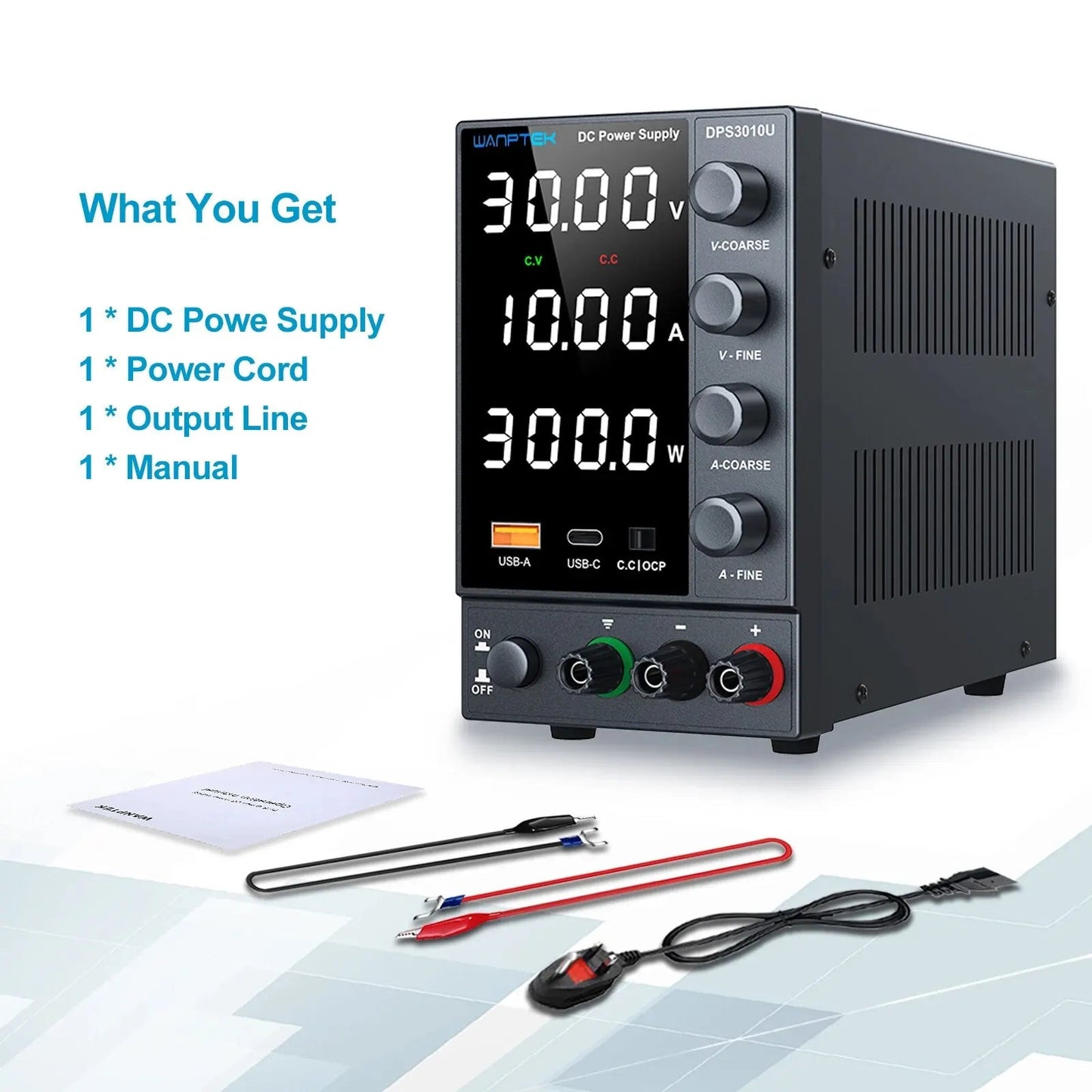 DC Power Supply Variable 30 V 0 - 10A with Encoder Coarse and Fine Adjustment Knobs, Bench with USB and Type - C Fast Charging Ports -