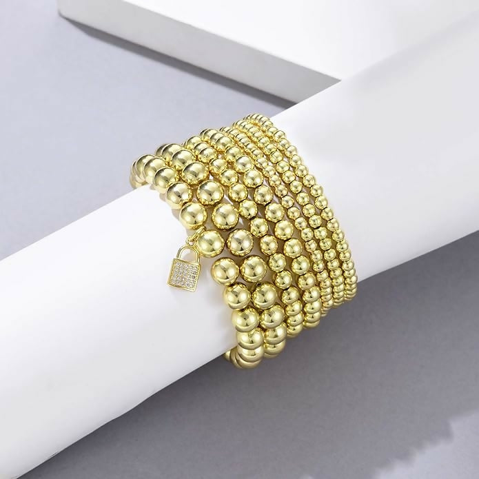 Gold Faux Pearl Bracelet 5-Row Stretch