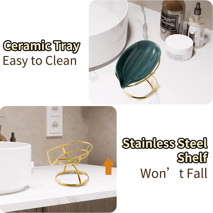 Leaf Shaped Soap Dish Premium Ceramic Soap Bar Holder with Self-Drainage System for Shower