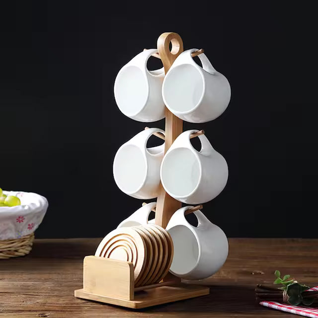 New White Ceramic Coffee Tea Cup Set of 6 with Mug Rack and Saucer for Home Office Coffee Cup Tea Set