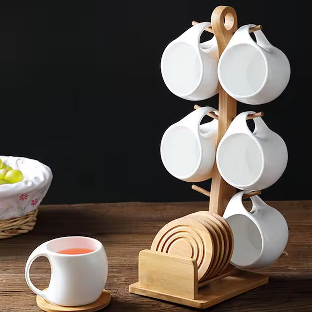 New White Ceramic Coffee Tea Cup Set of 6 with Mug Rack and Saucer for Home Office Coffee Cup Tea Set