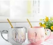 Luxurious Couple Cup set +Gift Box with 2 in a box pink + Gray with 2spoons