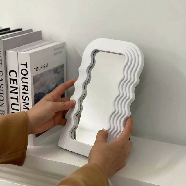 Table Top Wavy Mirror, Mini Aesthetic Wave Pattern Irregular Framed Mirror, Makeup Mirror Table Top Mirror