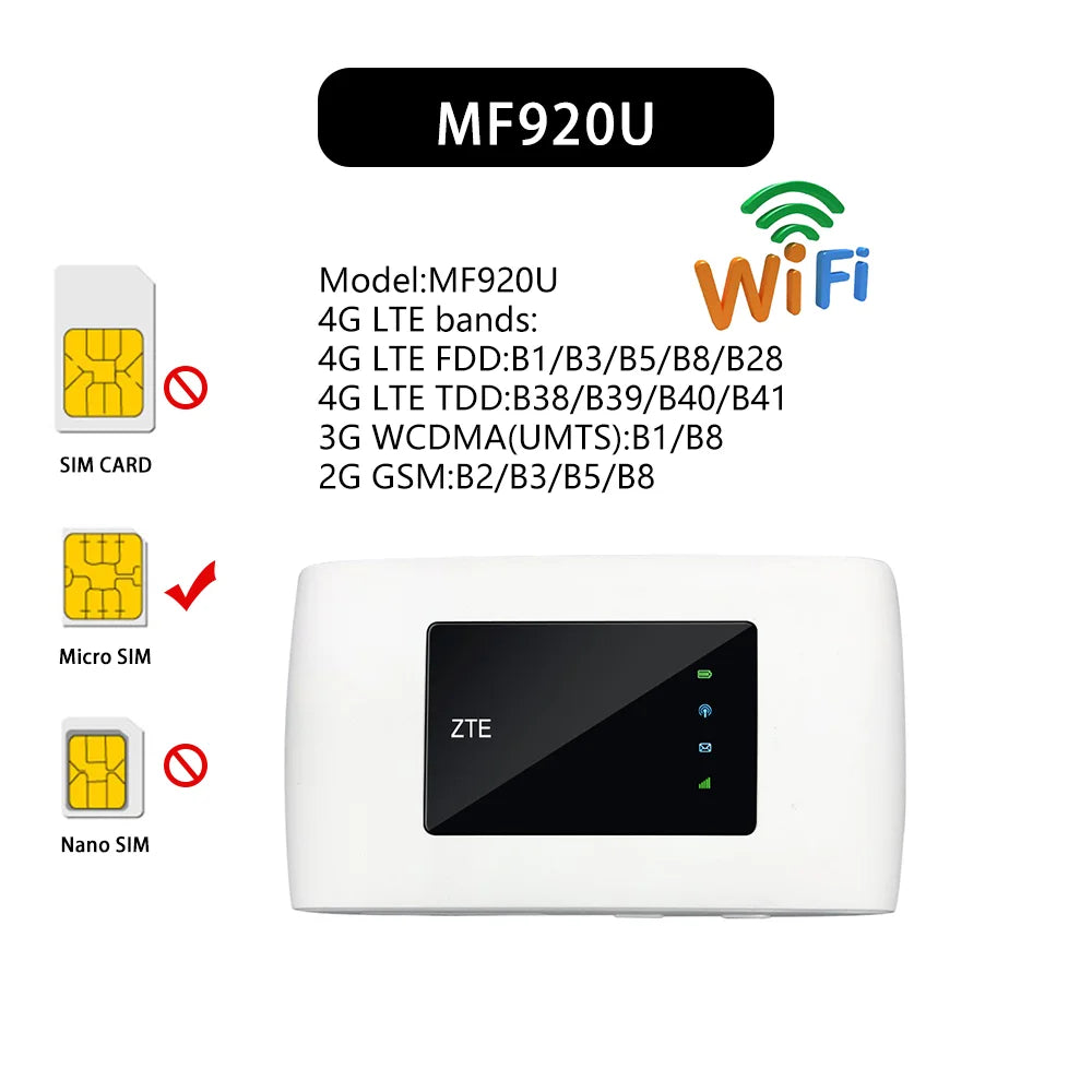 Unlocked ZTE Mifi MF920U 4G LTE Hotspot 150Mbps Mobile Wifi Router ...