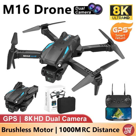 New M16 GPS Drones 8K Professional HD Dual Camera Brushless Motors FPV Quadcopter Foldables Aerial Photography Drones Toys Gifts