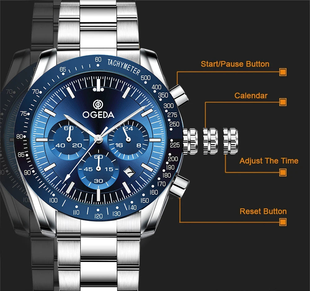 2024 New Men s Quartz Watches OGEDA Luxury Brand Sports Alloy 3Bar Waterproof Business Clock Top Chronographs Relogios Masculino