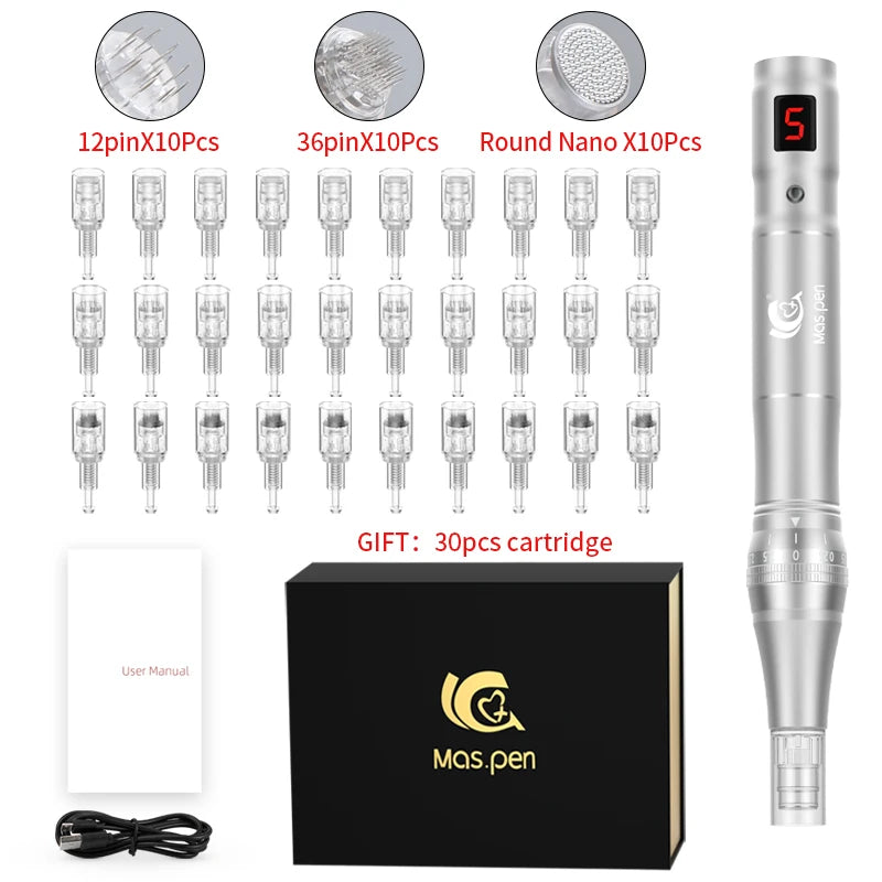 Professional High Frequency And Mute Dermapen Wireless Electric Microneedling Derma Pen With 30 Replaceable Needle Cartridges
