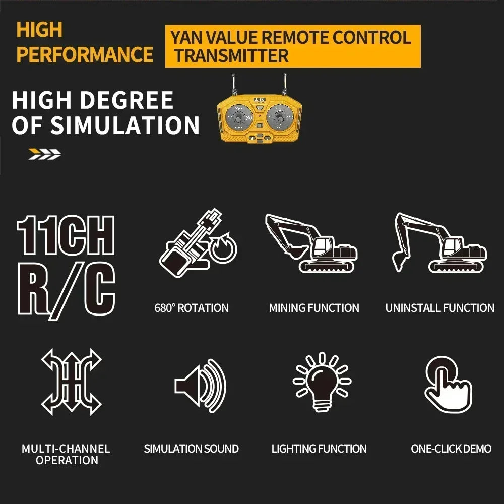 Excavator Dump Trucks 2.4G High Tech 11 Channels RC Bulldozer Alloy Plastic Engineering Vehicle Electronic Toys For Boy Gifts