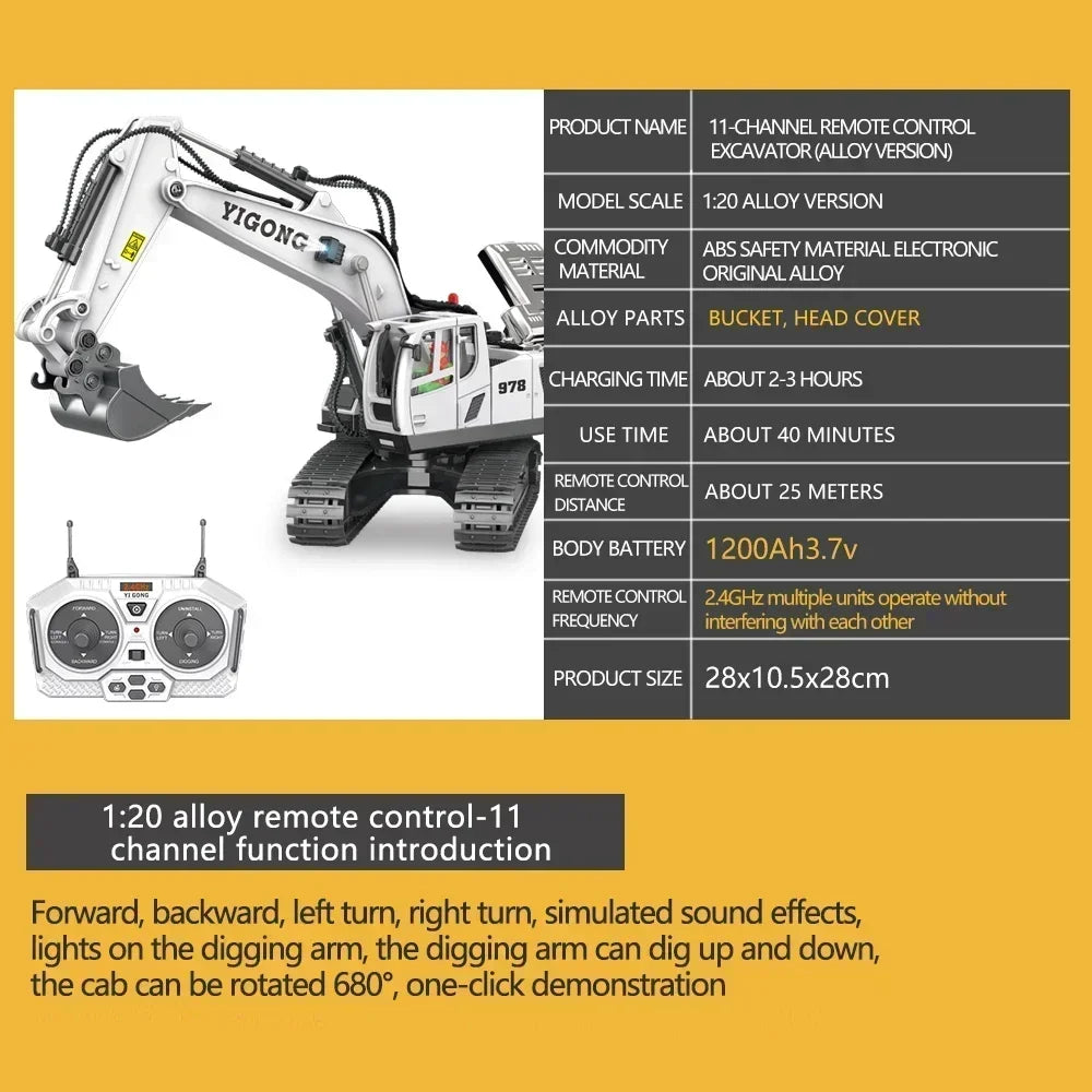 Excavator Dump Trucks 2.4G High Tech 11 Channels RC Bulldozer Alloy Plastic Engineering Vehicle Electronic Toys For Boy Gifts