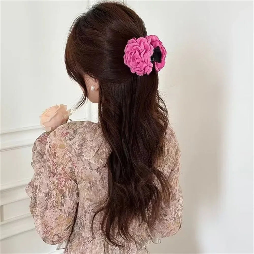 Elegance Fabric Rose Flower Hair Claw Clips Women Girls Trendy Hair Clip Barrette Ponytail Clamps Headwear Hair Accessories