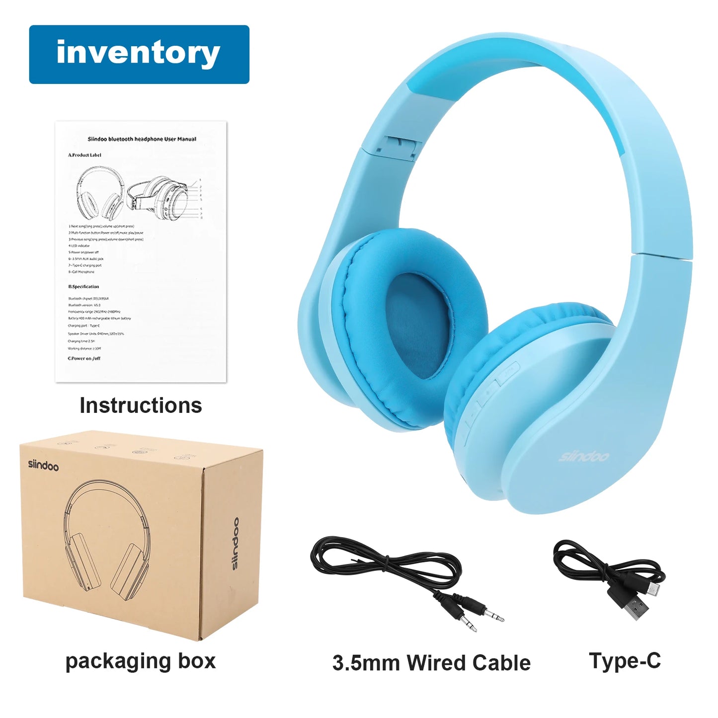 Siindoo JH-812 Wireless Headphone Foldable Stereo BT5.1 Earphones Music Headset FM and Support SD Card with Mic for Mobile PC TV