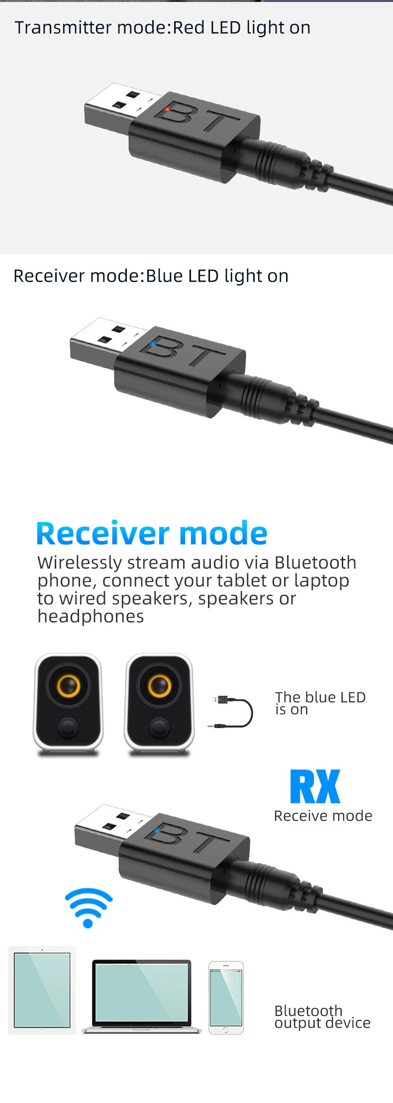 USB Bluetooth Receiver Transmitter Car Bluetooth 5.0 Audio Adapter TV Computer Wireless Bluetooth 2-in-1 Converter Plug and Play