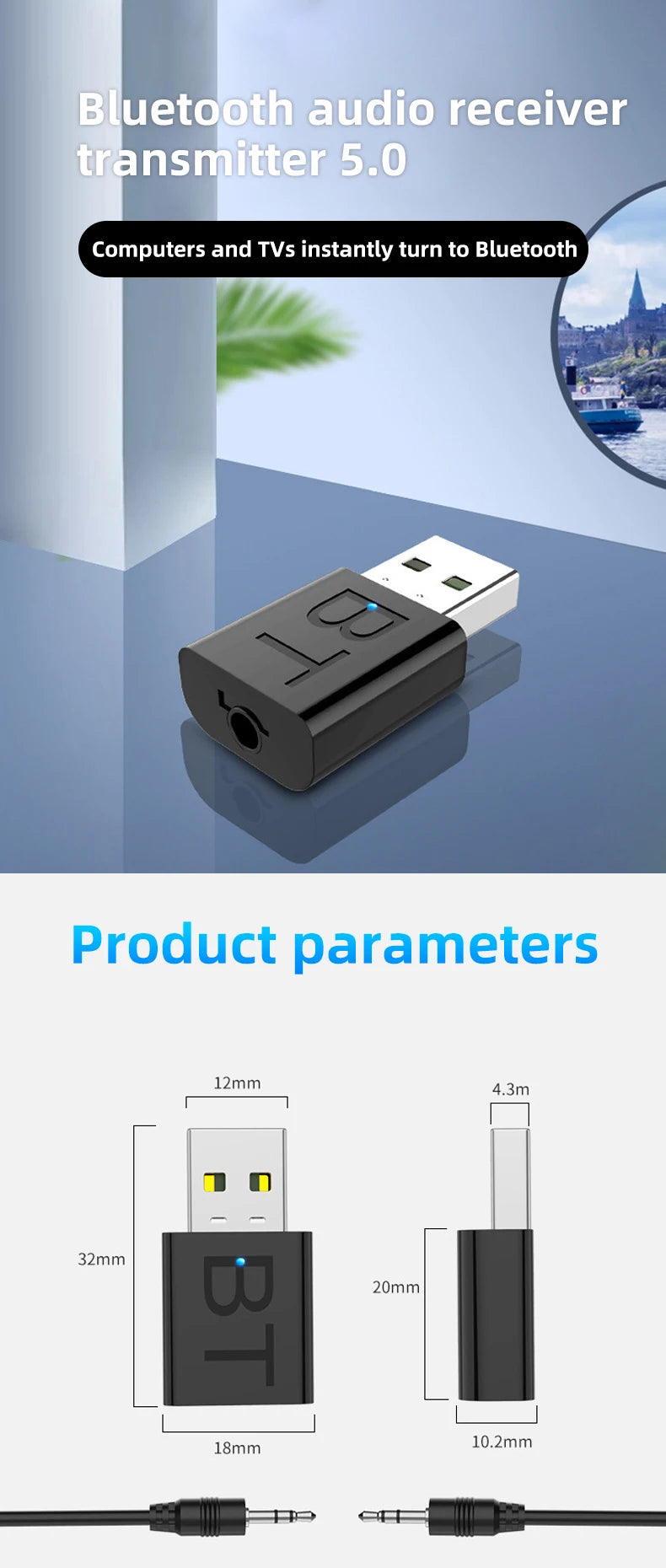 USB Bluetooth Receiver Transmitter Car Bluetooth 5.0 Audio Adapter TV Computer Wireless Bluetooth 2-in-1 Converter Plug and Play