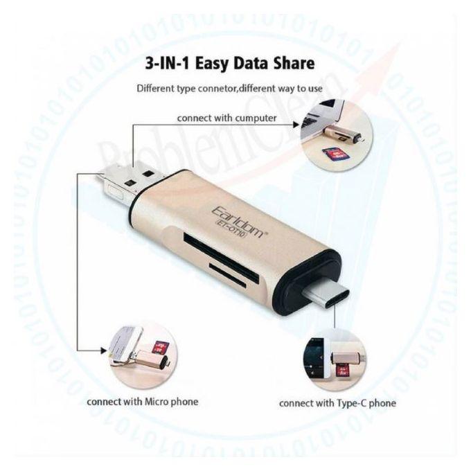 Earldom Card Reader OTG 3in1(Type-C,USB,Micro USB) Macbook, Plug and Play, No Cable or Internet Required